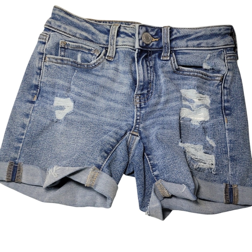 SO Goods For Life Low Rise Midi Shorts Distressed Denim Blue Size 0 24W
